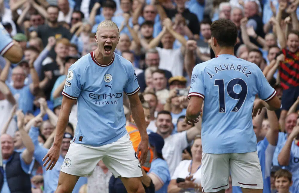 Erling Haaland firar ett mål för Manchester City i Premier League.
