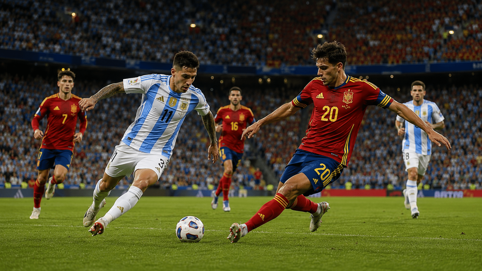 Match mellan Spanien och Argentina i finalen i Fotbolls VM 2026