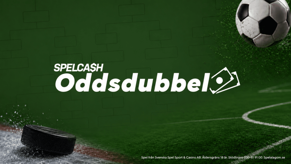 Spelcash Oddsdubbel med fotboll, hockeypuck och turneringsträd mot en grön sportbakgrund.
