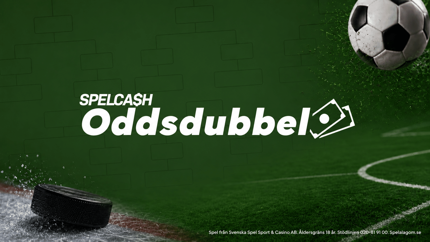 Spelcash Oddsdubbel med fotboll, hockeypuck och turneringsträd mot en grön sportbakgrund.
