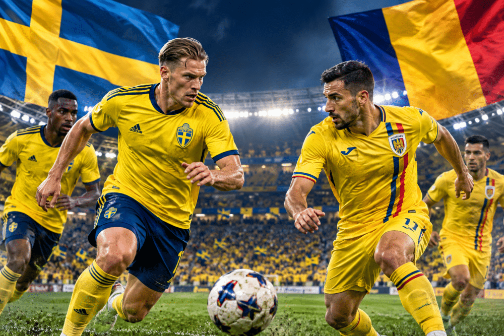 Svenska och rumänska fotbollsspelare under en landskamp mellan Sverige och Rumänien.