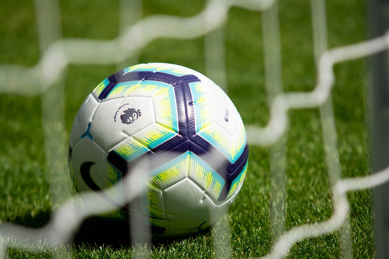 Premier League fotboll på gräsplan och nät