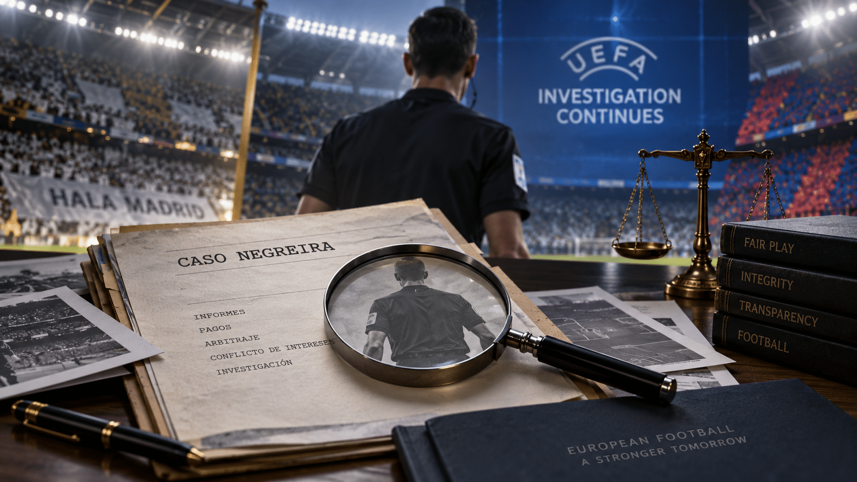 Illustration av UEFA:s utredning av Negreira-fallet med domare, dokument och symboler för Real Madrid och Barcelona.