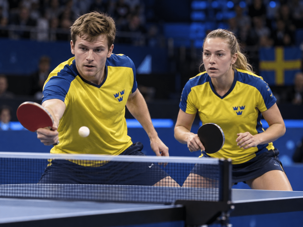Elias Ranefur och Filippa Bergand spelar mixed dubbel i bordtennis, klädda i svenska landslagets gulblå matchtröjor.